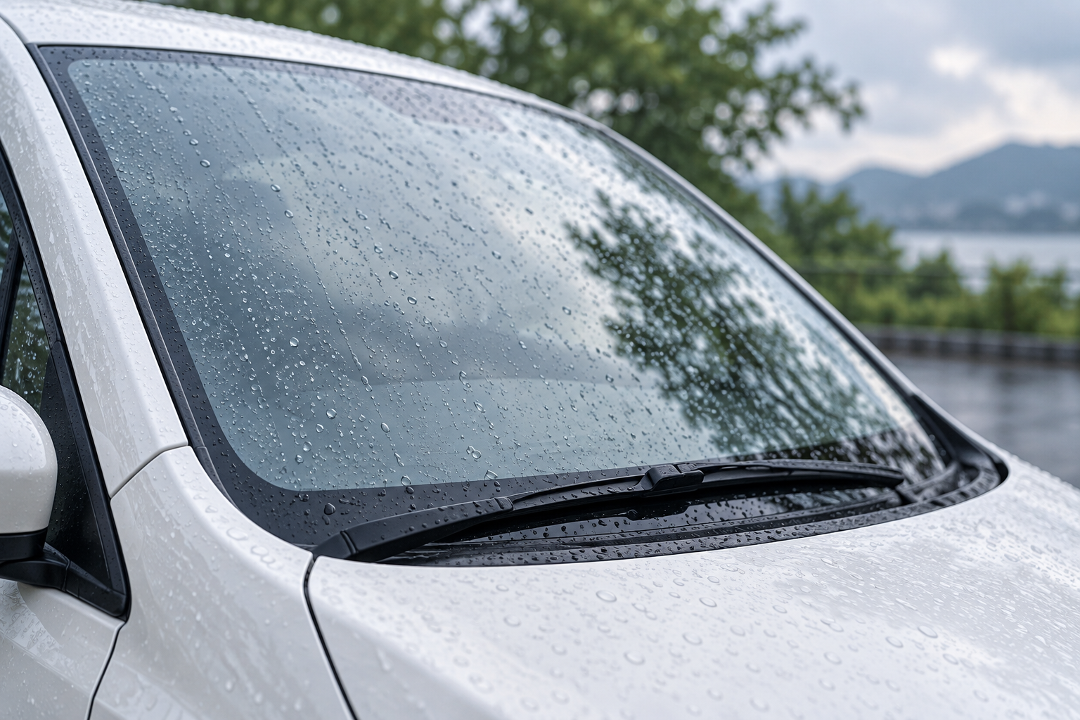 雨粒が付いた車のフロントガラスとワイパーのイメージ